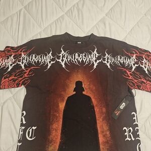 Men's Black Graphic Short Sleeve Tee with Red Flame Accents